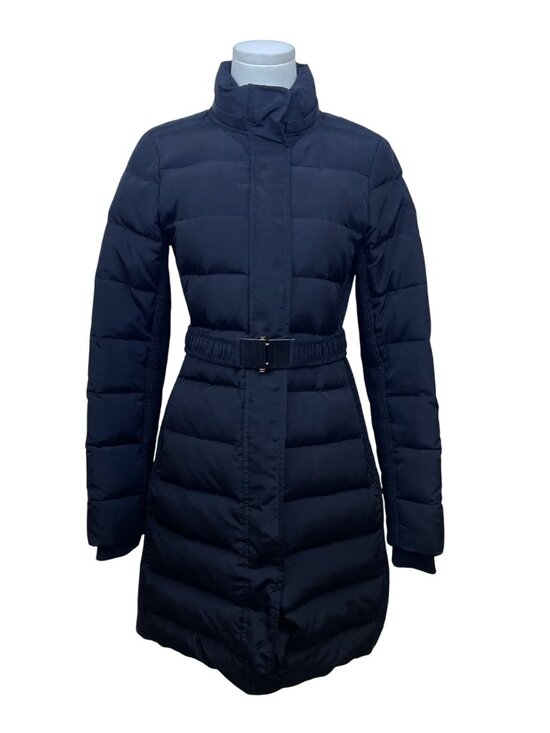 Express Women Black Polyester Puffer Belted Coat Full-Length Pockets Warm Sz S - Picture 1 of 9